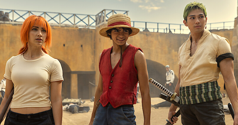 Emily Rudd as Nami, Iñaki Godoy as Monkey D. Luffy, and Mackenyu Arata as Roronoa Zoro.