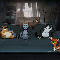 Five animated cats of varying colors and sizes sit and lounge on a worn-out sofa in a cluttered, dimly lit room with broken windows, giving a rundown, urban atmosphere.