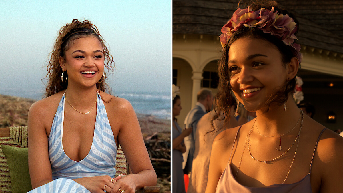 Auditions and Season 1 Video: Madison Bailey in blue dress next to still from Outer Banks Show of character wearing flower crown.