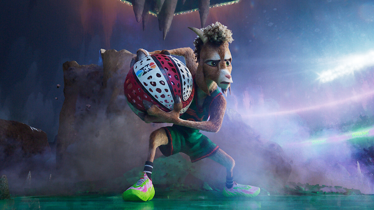 Animated anthropomorphic goat in basketball uniform grips a basketball on a futuristic, misty court with rocky background and dramatic lighting, ready to play in a high-energy game setting.