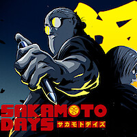 Two anime characters in dramatic lighting, one holding a pen in a dynamic pose, with bold yellow highlights and glasses. Urban night backdrop. Title text "SAKAMOTO DAYS" in red Japanese and English at the bottom.