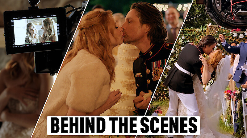 From left to right, a triptych of a camera monitor filming Jenny Cooper and Alexandra Breckenridge on set, Jack and Mel kissing in front of their wedding cake, and Jack and Mel embracing after the ceremony.