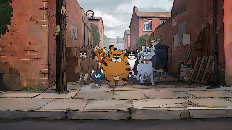 A group of animated cats stands together in a narrow city alleyway with brick walls, trash bins, and scattered debris, giving the scene an urban, slightly rundown feel.