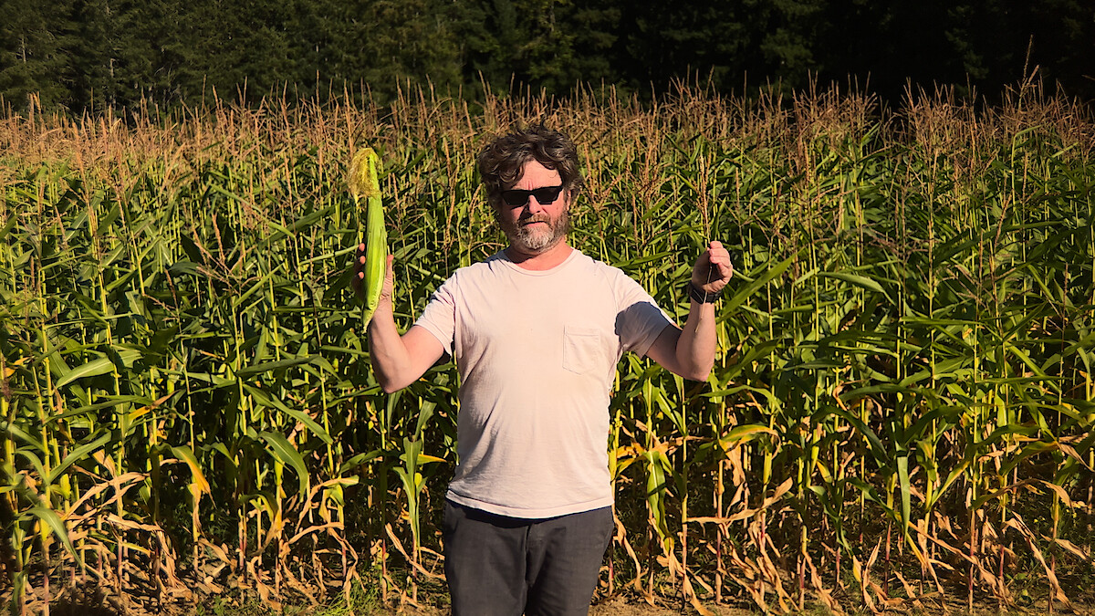 Zach Galifianakis stands in front of a corn field holding an ear of corn in one hand and a piece of wheat in the other.