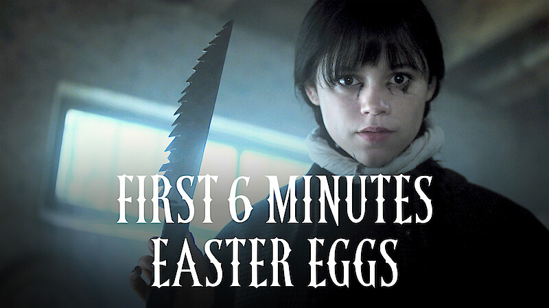Wandinha Addams (Jenna Ortega) segurando uma faca com o título “Easter eggs dos primeiros 6 minutos”