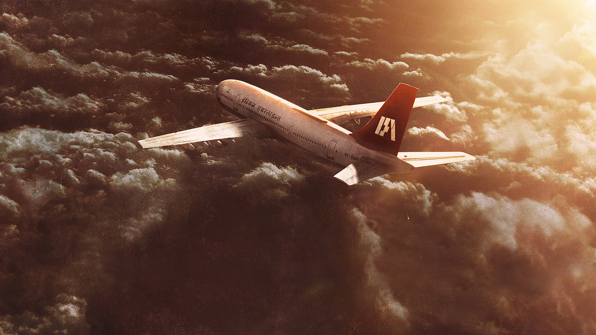 IC 814: The Kandahar Hijack Title Art depicting a passenger plane flying over clouds