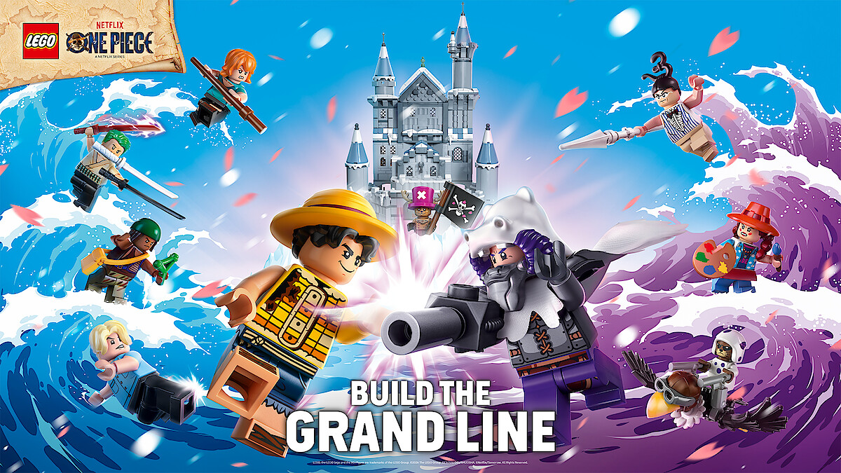 LEGO pirate and fantasy minifigures from ONE PIECE in an ocean battle with waves, castle in background, dramatic sky, and action poses, promoting "Build the Grand Line" with LEGO and Netflix branding.