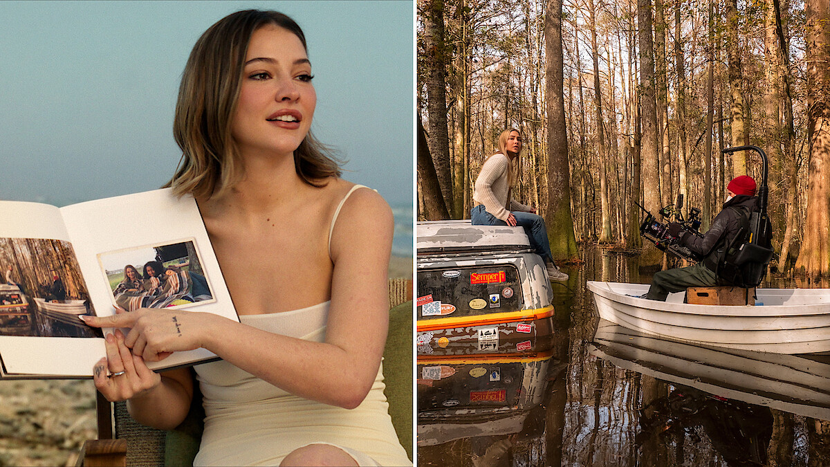 Yearbook: Madelyn Cline holding up book next to image of her on set during production (on top of a submerged car with camera crew)
