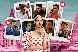 Montagem com a atriz Lily Collins e 7 fotos de homens com quem sua personagem, Emily, se envolve na série 'Emily in Paris'