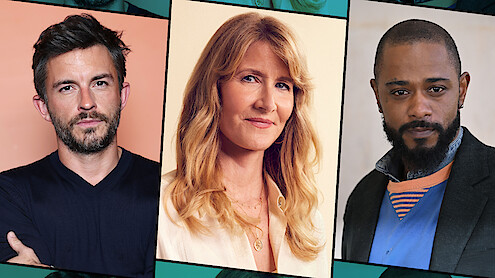 Three people are shown in separate portrait frames; the first is a man in a dark shirt in front of a peach background, the second is a woman with long blonde hair in front of a neutral backdrop, and the third is a man in a suit before a light background.