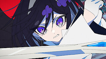 Anime-style character with intense purple eyes and dark hair, wearing a white outfit, is preparing to strike with a sword in an action scene with a dramatic red and dark background.
