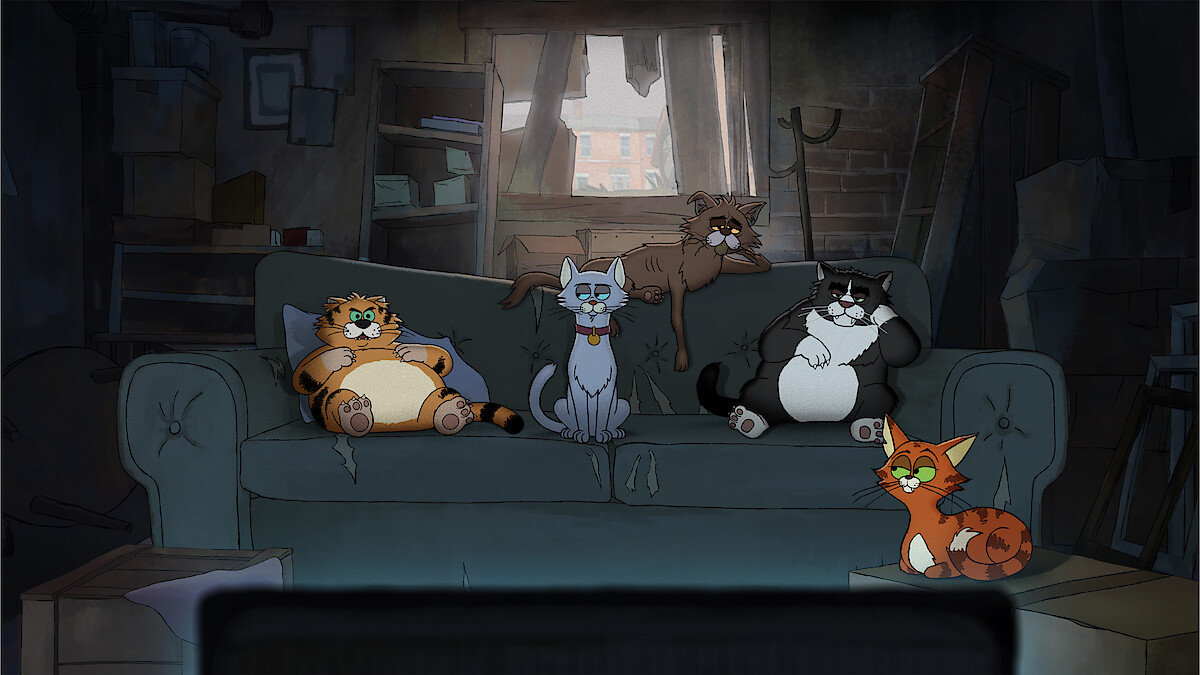 Four animated cats sit and lounge on a worn couch in a messy, dimly lit room with broken windows and clutter, watching something on a screen out of view.