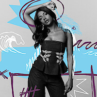 A woman posing confidently in a stylish black outfit with floral embroidery, set against a gray background with blue and purple abstract artistic doodles, including waves, swirls, and geometric shapes.