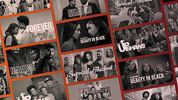 Collage of TV show and movie posters featuring diverse Black casts, including titles like Nemesis, Beauty in Black, The Upshaws, Survival of the Thickest, and Forever, set against a red gradient background.