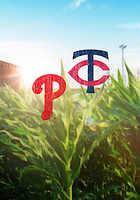 Philadelphia Phillies and Minnesota Twins baseball team logos over a sunlit cornfield with a partly cloudy sky, evoking a rural outdoor baseball setting.