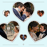 Collage of romantic couples in period costumes inside heart-shaped frames, set in elegant, historical interiors with soft lighting and floral decor, expressing affection and connection, on a light blue background.