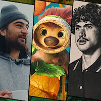 Side by side image of Noah Kahan in a gray hoodie and beanie, an animated creature from Swapped, and Charles Melton in BEEF Season 2.