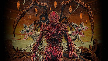 Vecna, a monstrous, red-skinned creature with spiky appendages stands in a rocky, alien landscape, flanked by two demogorgon-like beasts with flower-shaped heads and sharp teeth, under a sky filled with floating rocks.