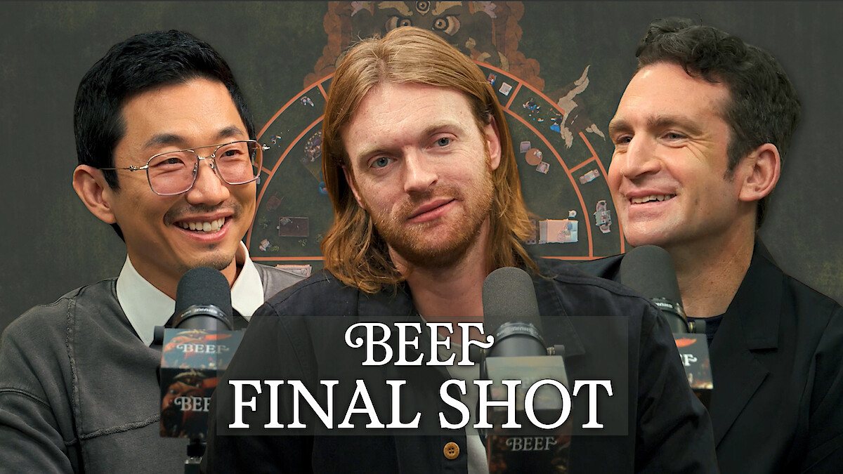 Lee Sung Jin, Finneas O'Connell, and Jake Schreier, smiling in a studio interview setting with microphones. The text "Beef Final Shot" is overlaid on the image.