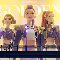 Three animated women in stylish, gold-accented uniforms pose confidently on a large, glowing poster, while a silhouetted figure runs across a bridge in the foreground, urban nighttime setting.