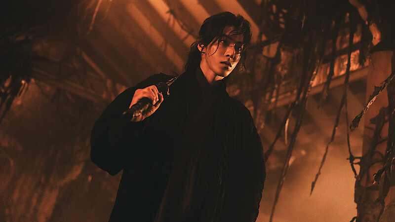Person in dark clothing holding a weapon, standing in a dimly lit, eerie environment with hanging vines and dramatic orange lighting, evoking a tense, mysterious atmosphere.