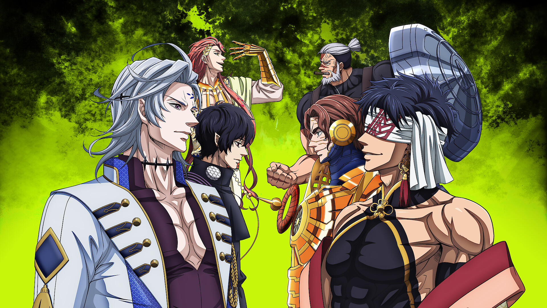 Six colorful anime characters with diverse costumes and dramatic expressions stand against a vibrant green and black background, suggesting a confrontation or rivalry in a dynamic, fantasy setting.
