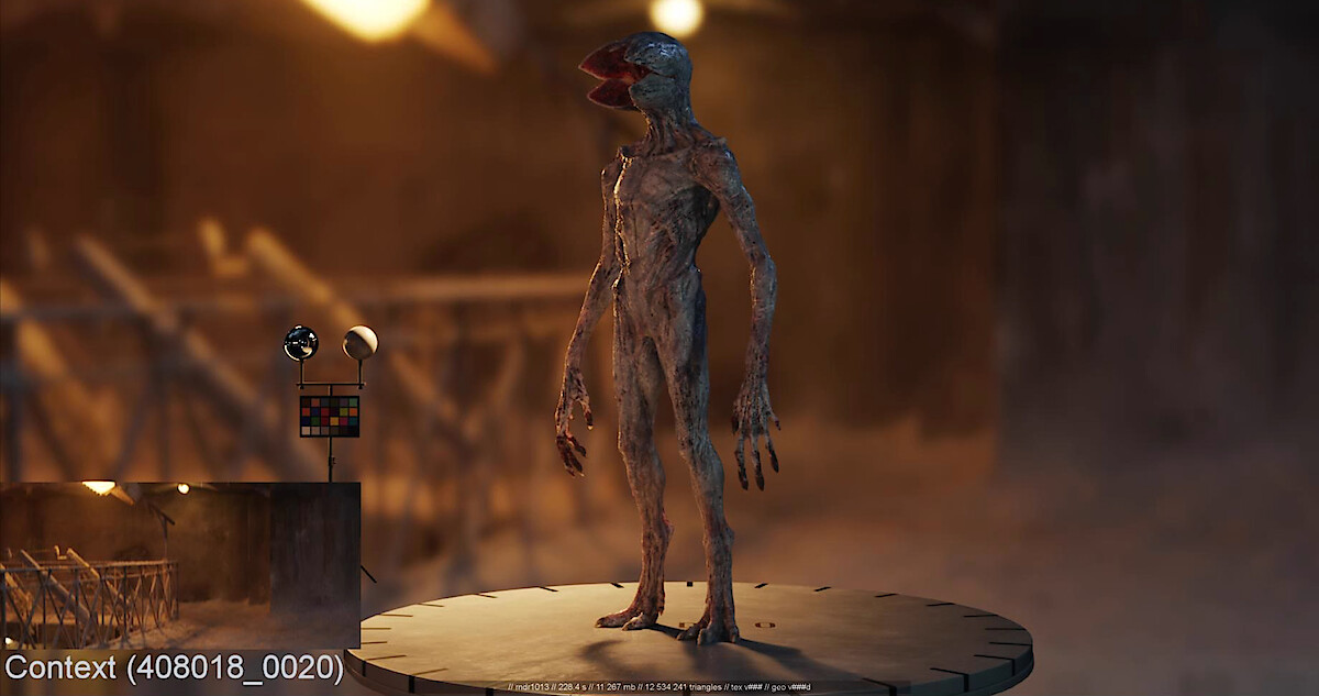 A tall, thin Demogorgon with grayish skin and a flower-like, tooth-filled mouth stands menacingly on a platform in a dimly lit room.