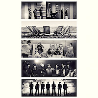 Five black-and-white panels: people dancing indoors, empty beach chairs by the sea, group meeting in an office, singers recording in a studio, and silhouettes of people on stage with dramatic lighting.