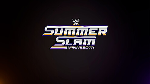 WWE SummerSlam Minnesota event logo on a dark background with metallic text and the WWE emblem on top, promotional graphic for wrestling event.