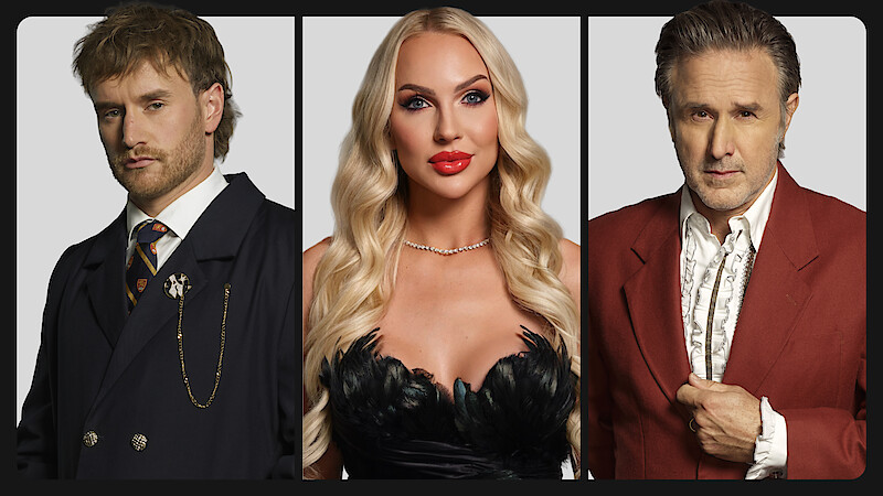 Three adults in formal attire pose for portraits against a plain light background, separated by vertical black bars. The man on the left wears a suit, the woman in the middle wears a glamorous dress, and the man on the right wears a red jacket.