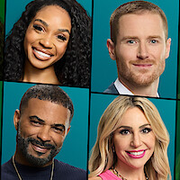 Four people posed in split-screen style portraits against teal backgrounds, all smiling and well-groomed, wearing business or casual attire, head and shoulders visible, studio lighting.