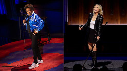 A diptych of Wanda Sykes and Taylor Tomlinson from their stand up specials. 