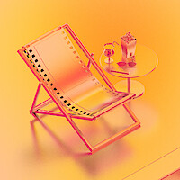 A lounge chair styled like a film strip sits beside a round table holding popcorn, a drink, sunglasses, and a remote control in a vibrant orange and pink environment, evoking a relaxed movie or summer leisure setting.
