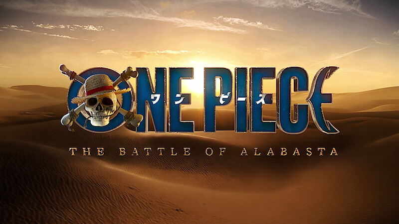 One Piece logo with straw hat skull over desert dunes at sunset, text "The Battle of Alabasta" indicating an adventure or battle setting in a vast sandy environment.