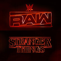 WWE RAW and Stranger Things logos in glowing red neon style, set against a dark, smoky background, blending elements from both brands' signature designs.