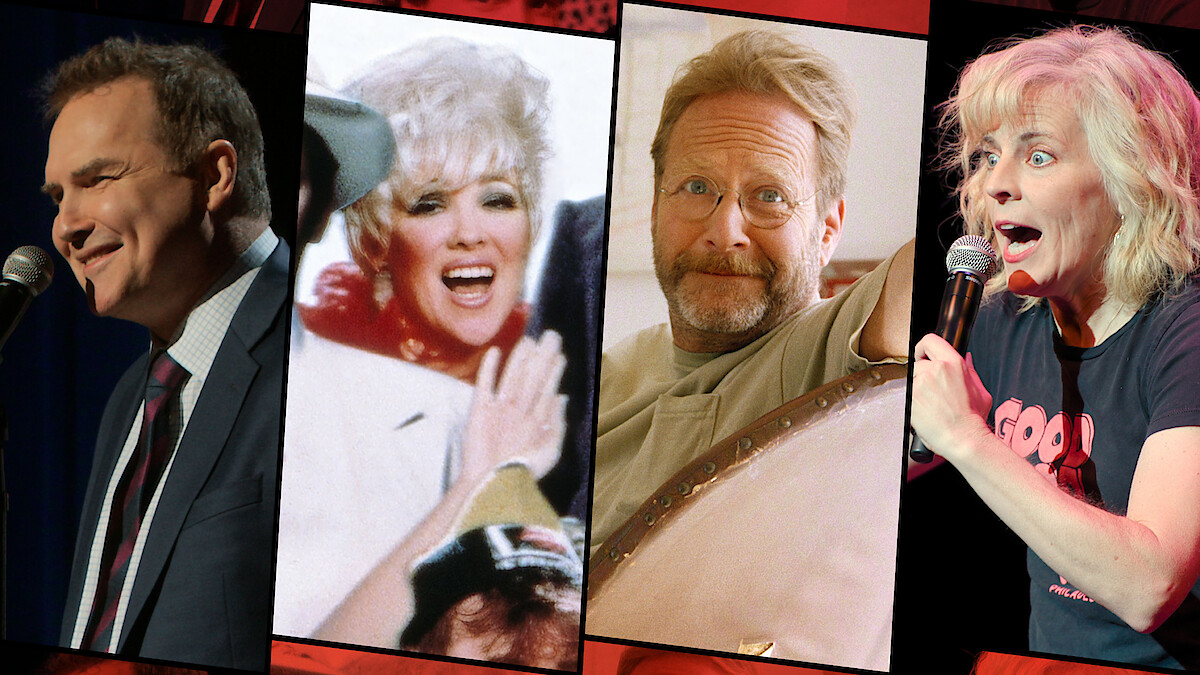 Four comedians in split panels: one smiling at a microphone on stage, one glamorous woman waving in a vintage photo, one man with glasses relaxed indoors, and one woman energetically performing stand-up comedy with a microphone.