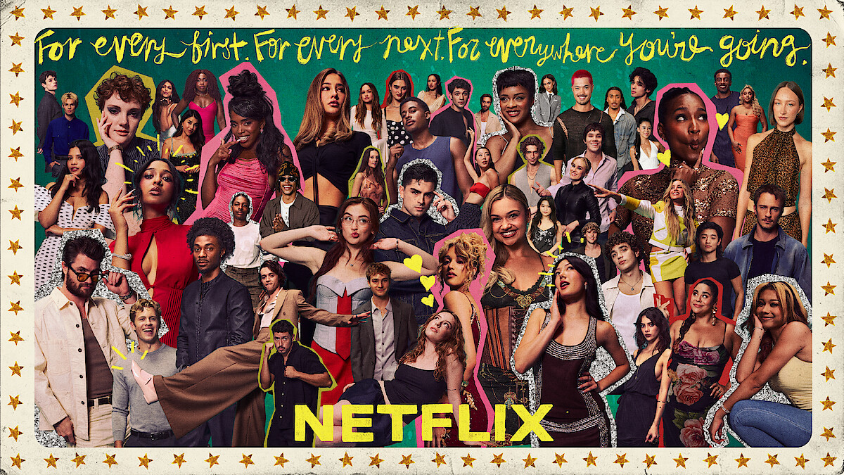 Collage of diverse actors and characters in colorful outfits on a decorated background with gold stars, handwritten text, and the NETFLIX logo, representing variety and inclusivity in entertainment options.