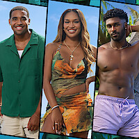 Three young adults, two men and one woman, pose outdoors in tropical attire. The background includes palm trees and a beach setting, suggesting a warm, sunny environment.