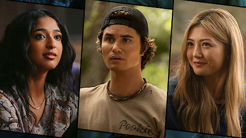 Three young adults in separate panels: a woman with long dark hair indoors, a man in a t-shirt and backward cap outdoors, and a woman with long blonde hair in a casual setting, all looking thoughtfully ahead.