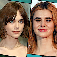 Split image showing two women with different hairstyles and expressions, one with short brown hair and a neutral background, the other with long reddish hair and a white background, both facing forward in close-up portraits.