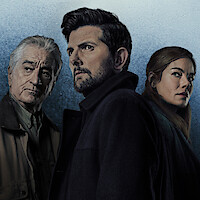 Three serious-looking adults stand close together in front of a moody, blue-gray textured background, dressed in dark coats, suggesting a dramatic or suspenseful setting.