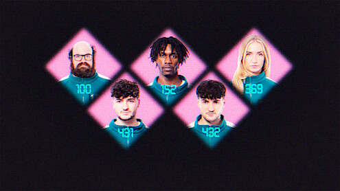 Five contestants wearing numbered uniforms are shown in glowing pink diamond frames against a dark background, giving a digital, competitive, and intense game show atmosphere.