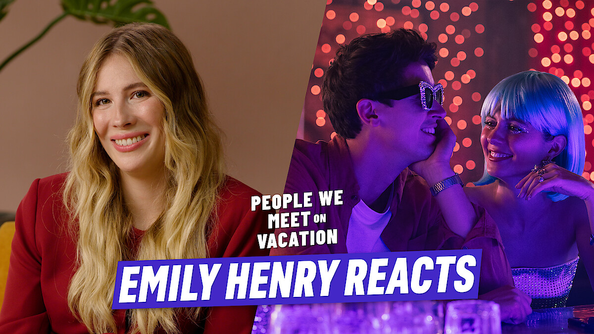 Emily Henry in a red jacket shares the screen with Tom Blythe and Emily Bader 