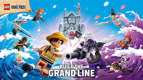 LEGO pirate and fantasy minifigures from ONE PIECE in an ocean battle with waves, castle in background, dramatic sky, and action poses, promoting "Build the Grand Line" with LEGO and Netflix branding.