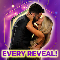 Alex and Ashley are embracing and kissing passionately on a brightly lit, colorful stage with a purple and gold background. Bold text at the bottom says "EVERY REVEAL!" conveying a dramatic or celebratory moment.