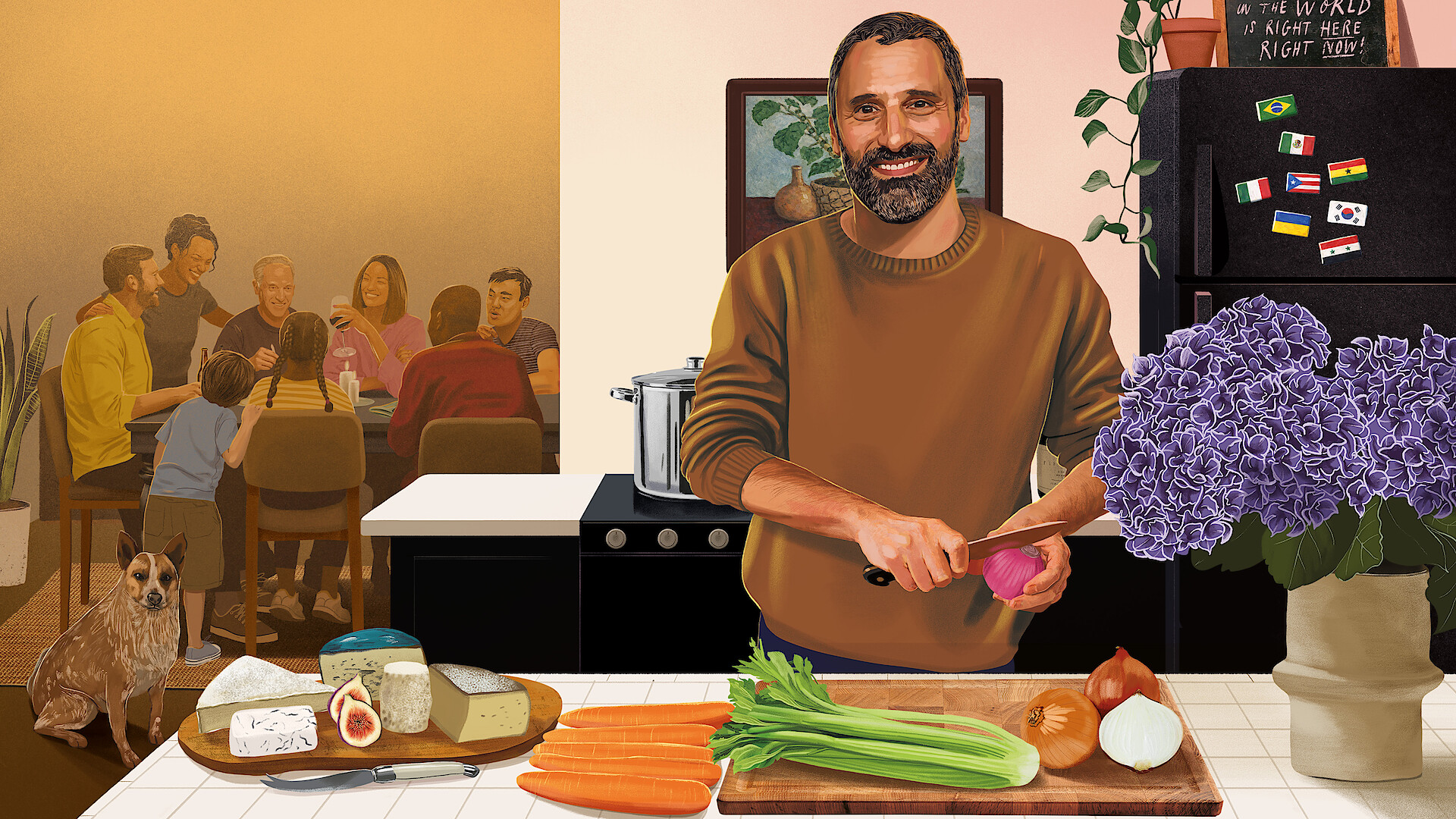 Illustration of a smiling man preparing food in a cozy kitchen, slicing a red onion beside carrots, celery, and flowers on the counter. In the background, a group of people gather around a dining table while a dog sits nearby.