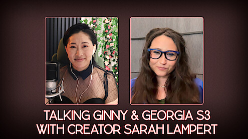 Mari on the left and Sarah Lampert on the right in a burgundy frame branded for Ginny & Georgia