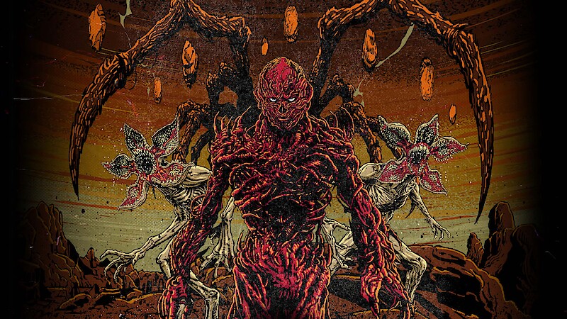 Vecna, a monstrous, red-skinned creature with spiky appendages stands in a rocky, alien landscape, flanked by two demogorgon-like beasts with flower-shaped heads and sharp teeth, under a sky filled with floating rocks.