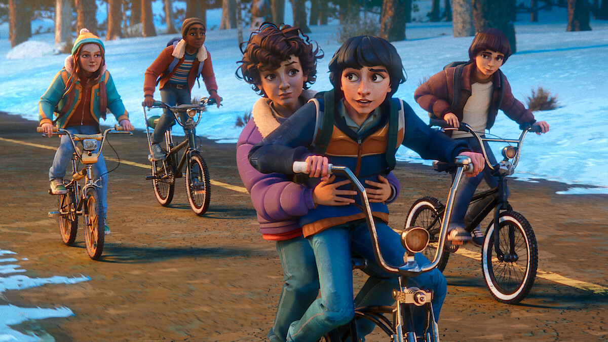 Five animated children riding bicycles together on a road bordered by snow and trees, wearing winter clothes and looking cheerful, suggesting friendship and adventure in a cold outdoor environment.