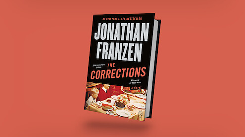 Jonathan Franzen’s novel "The Corrections" 20th Anniversary Edition book cover, showing a family at a holiday dinner table, set against an orange background.
